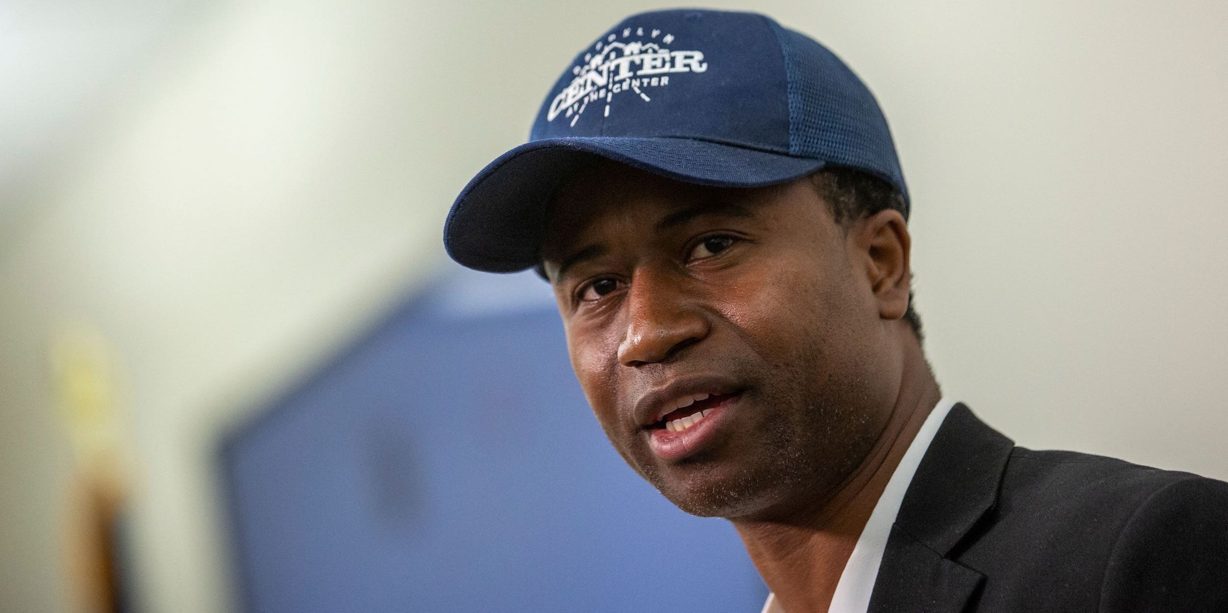 Mike Elliott, the new mayor of Brooklyn Center speaks at the Brooklyn Center Police Station after a police officer shot and killed a Black man in Brooklyn Center, Minneapolis, Minnesota on April 12, 2021.
