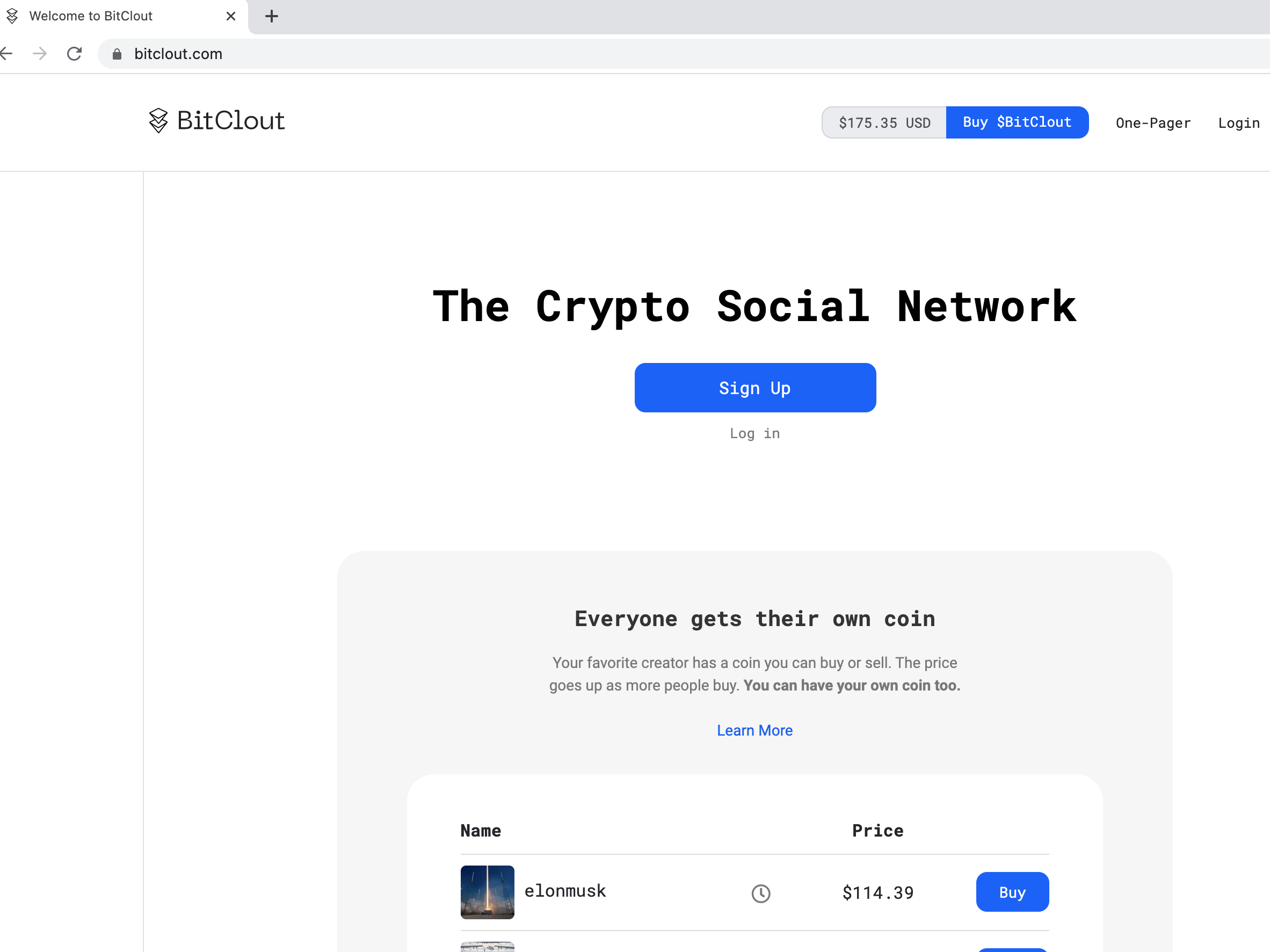BitClout sign up page