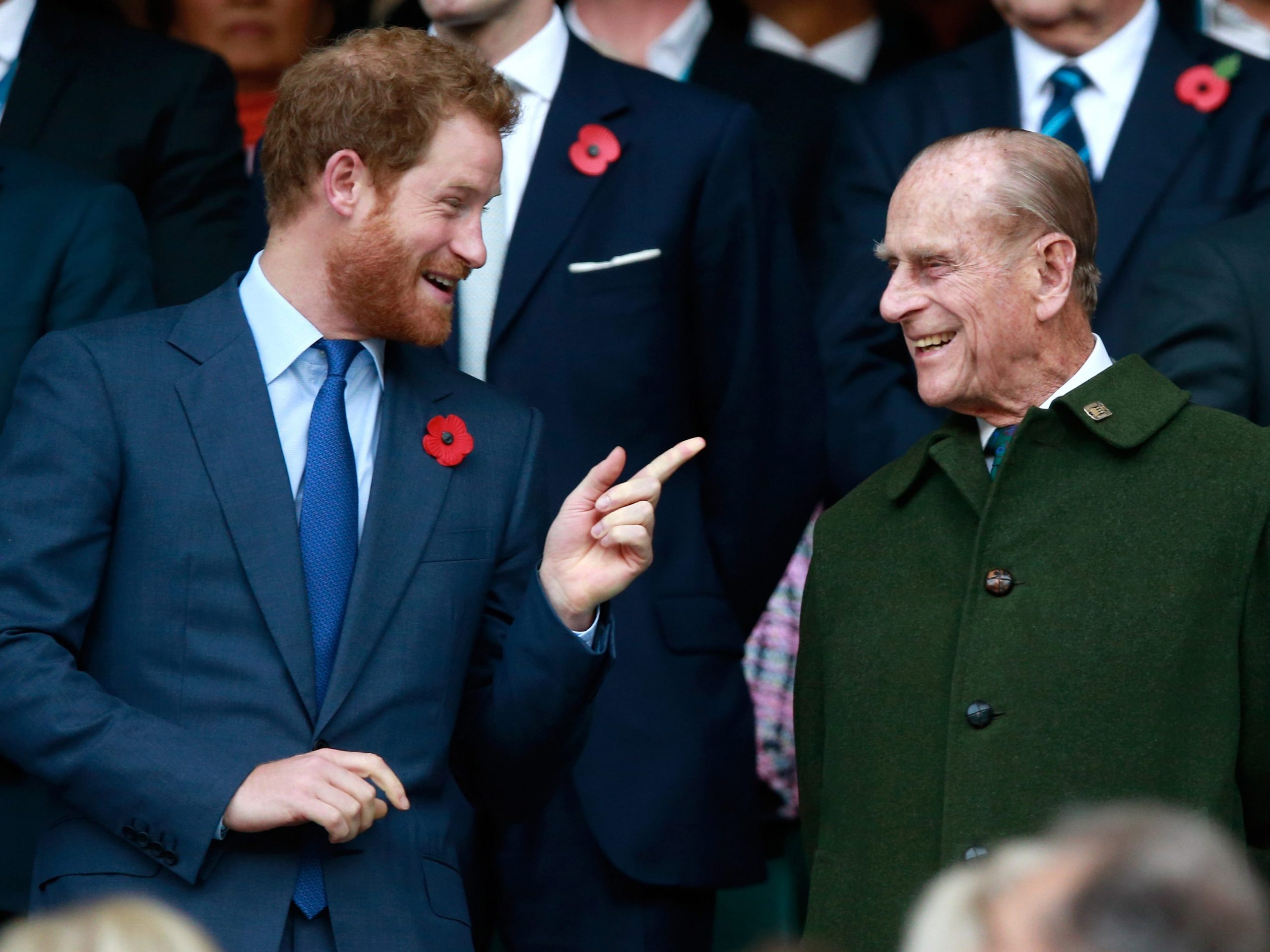 Prince Harry and Prince Phillip during the 2015 Rugby World Cup Final match.