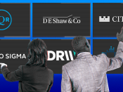 Photo illustration of a recruiter pointing a screens with company logos.
