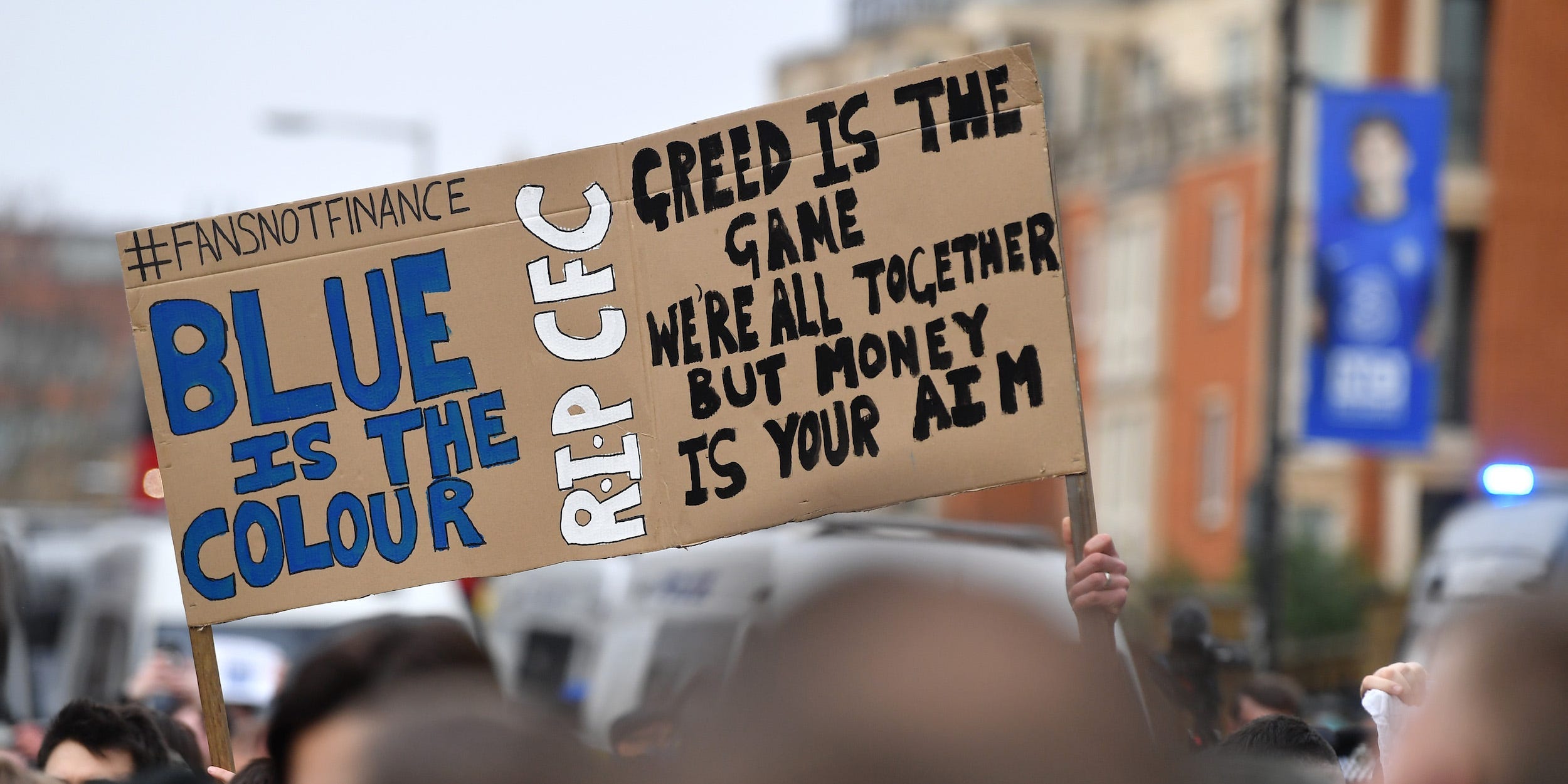 Chelsea fans protest against the newly proposed European Super League prior to the Premier League match between Chelsea and Brighton & Hove Albion at Stamford Bridge on April 20, 2021 in London, England.