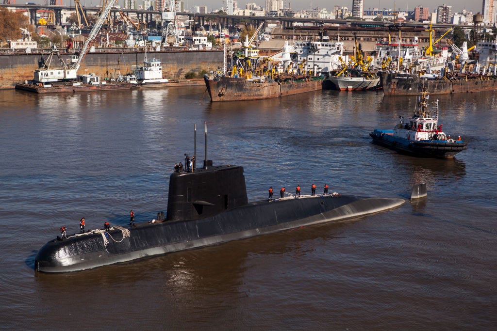 Submarine ARA San Juan navigates for an expedition after the mid-life upgrade reparation at Tandanor shypyard on June 02, 2014 in Buenos Aires, Argentina