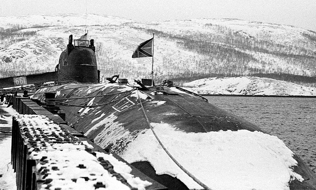 This picture, dated March 1995, shows Russian submarine 'Kursk' at its base in Vidyayevo