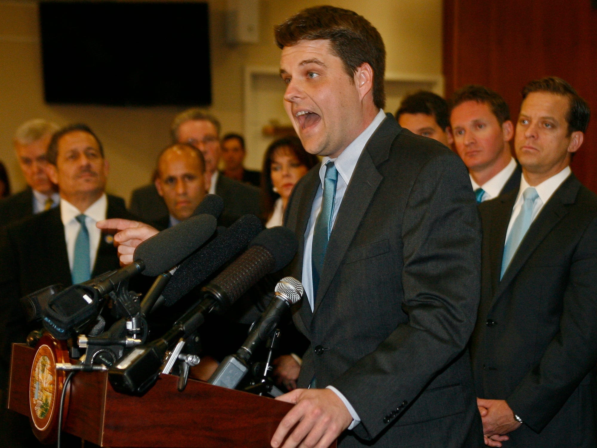 Rep. Matt Gaetz, R-Fort Walton Beach, speaks of a "scorched earth" policy towards child sexual predators Tuesday April 1, 2014, in the Capitol in Tallahassee, Fla. Florida Gov. Rick Scott signed a group of bills that will require sexual predators to be locked up longer, and require that more sexual predators be committed for psychiatric review once they finish their criminal sentences. (AP Photo/Phil Sears)
