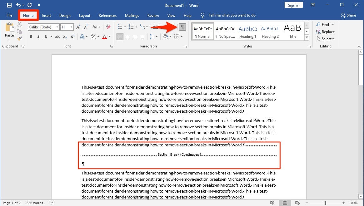 delete section break next page in word