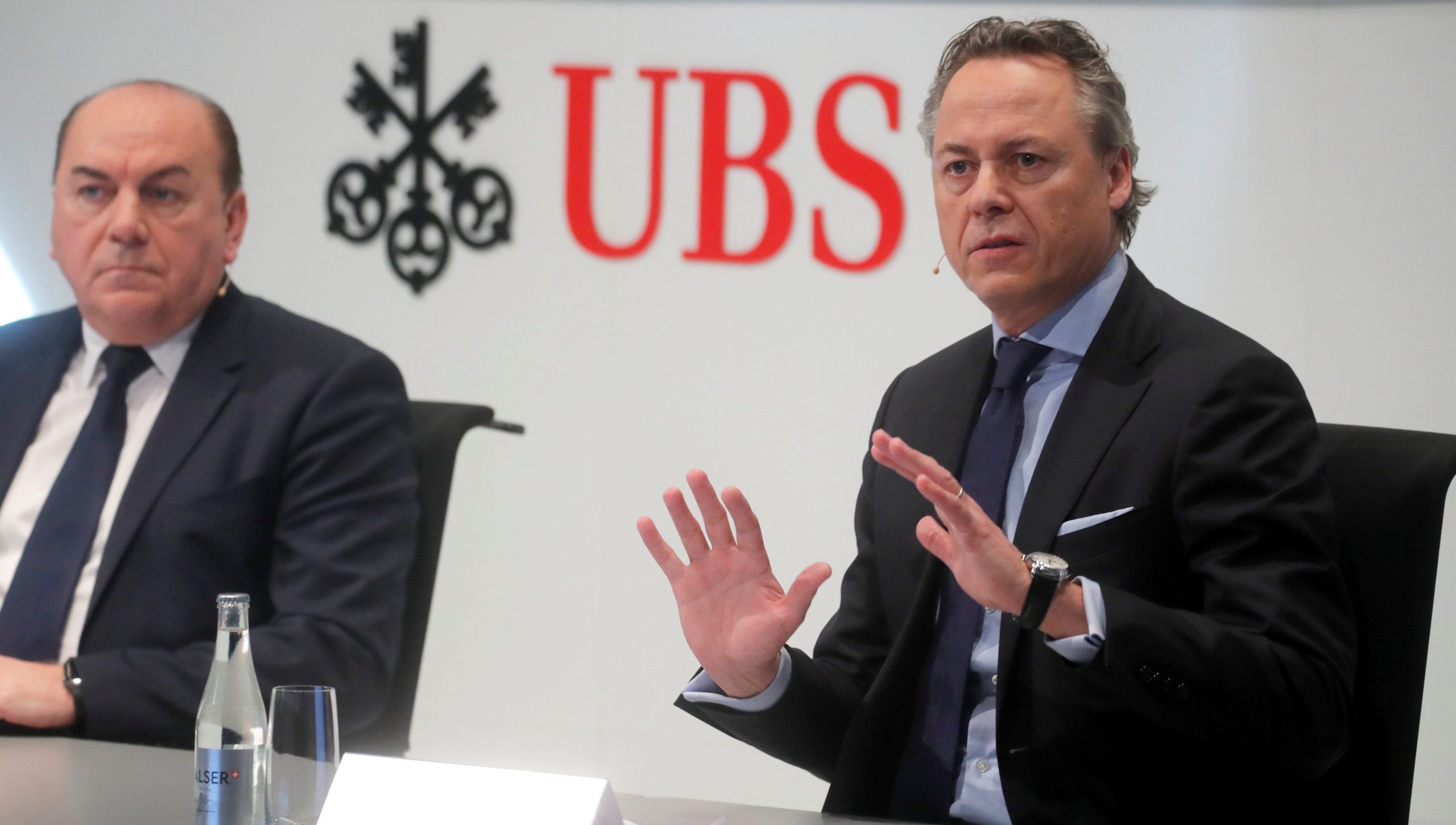 UBS Chairman Axel Weber, left, and CEO Ralph Hamers speak during a news conference in Zurich, Switzerland in February 2020.