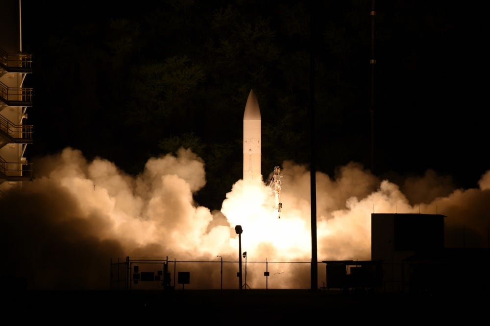 A common hypersonic glide body (C-HGB) launches from Pacific Missile Range Facility, Kauai, Hawaii, at approximately 10:30 p.m. local time, March 19, 2020, during a Department of Defense flight experiment.