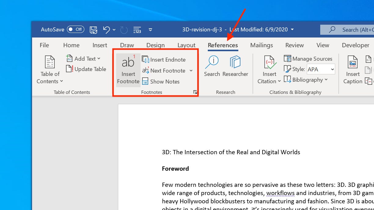 How to insert a footnote or endnote in Word 2 2