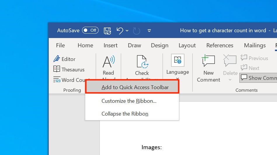 How to get a character count in Word 2
