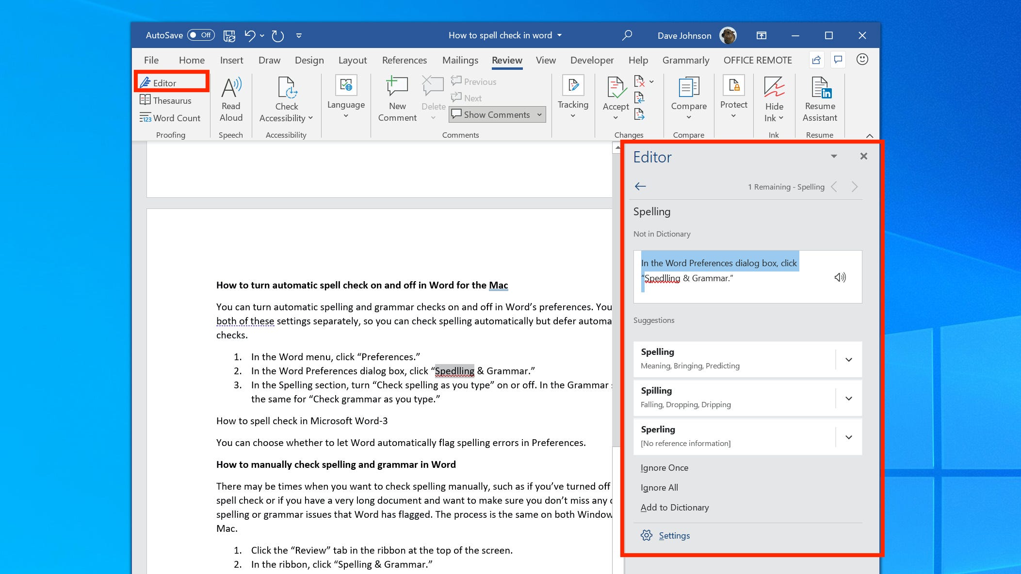 How to spell check in Microsoft Word 5