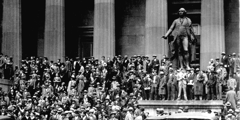 De beurscrash van 1929 op de New York Stock Exchange.