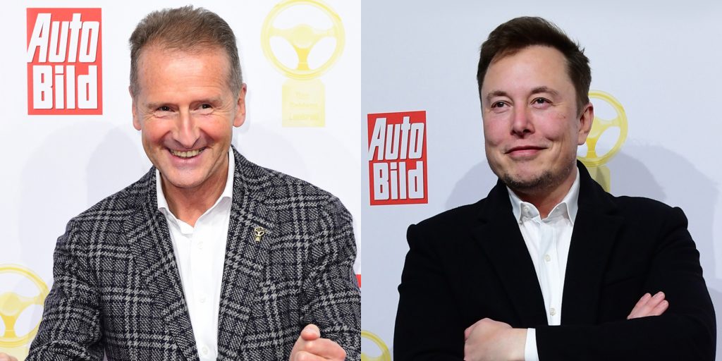 Volkswagen-topman Herbert Diess en Tesla-baas Elon Musk.