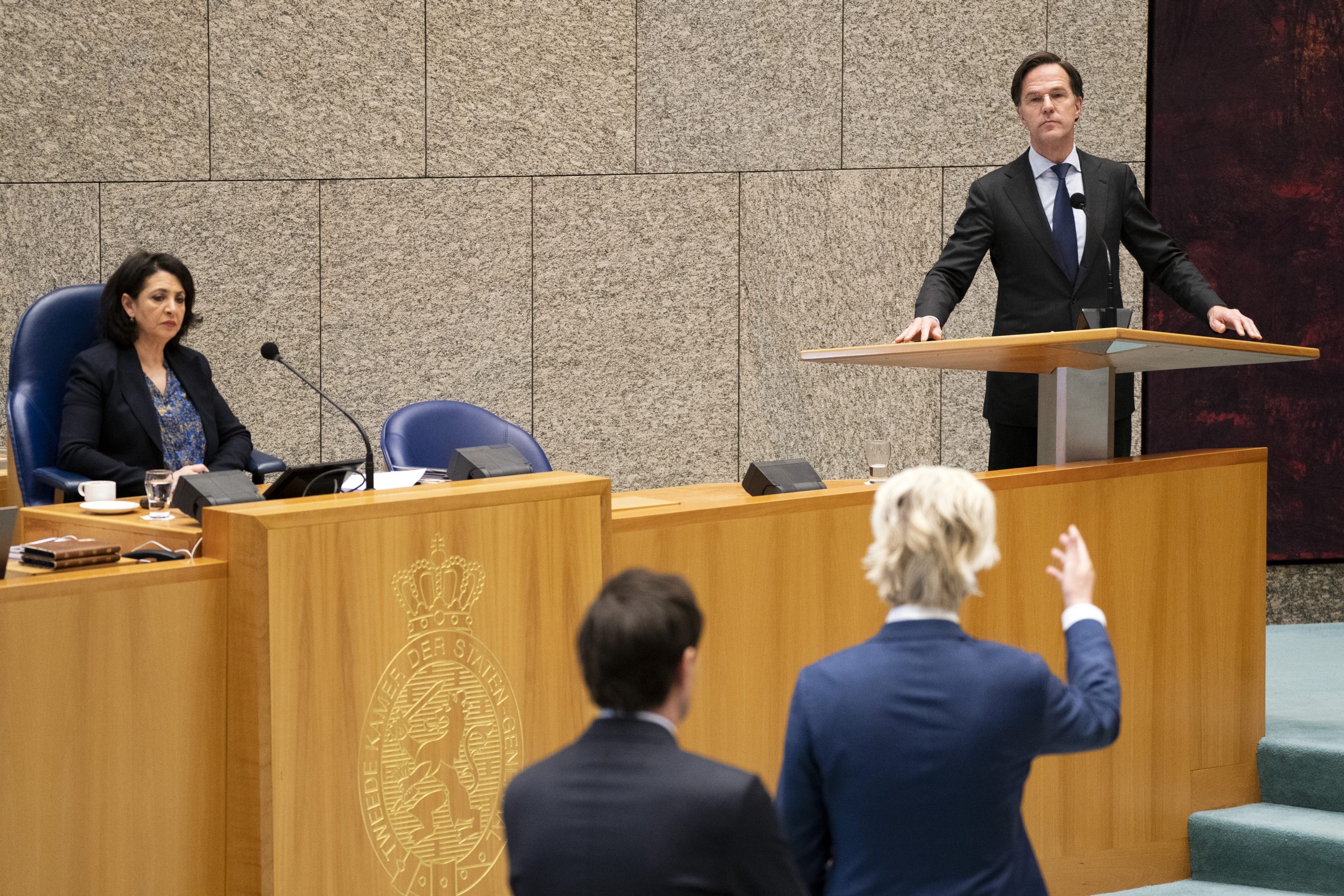 Mark Rutte (VVD), Wopke Hoekstra (CDA) en Geert Wilders (PVV) in de Tweede Kamer tijdens een debat over de mislukte formatieverkenning. Foto: ANP/Bart Maat
