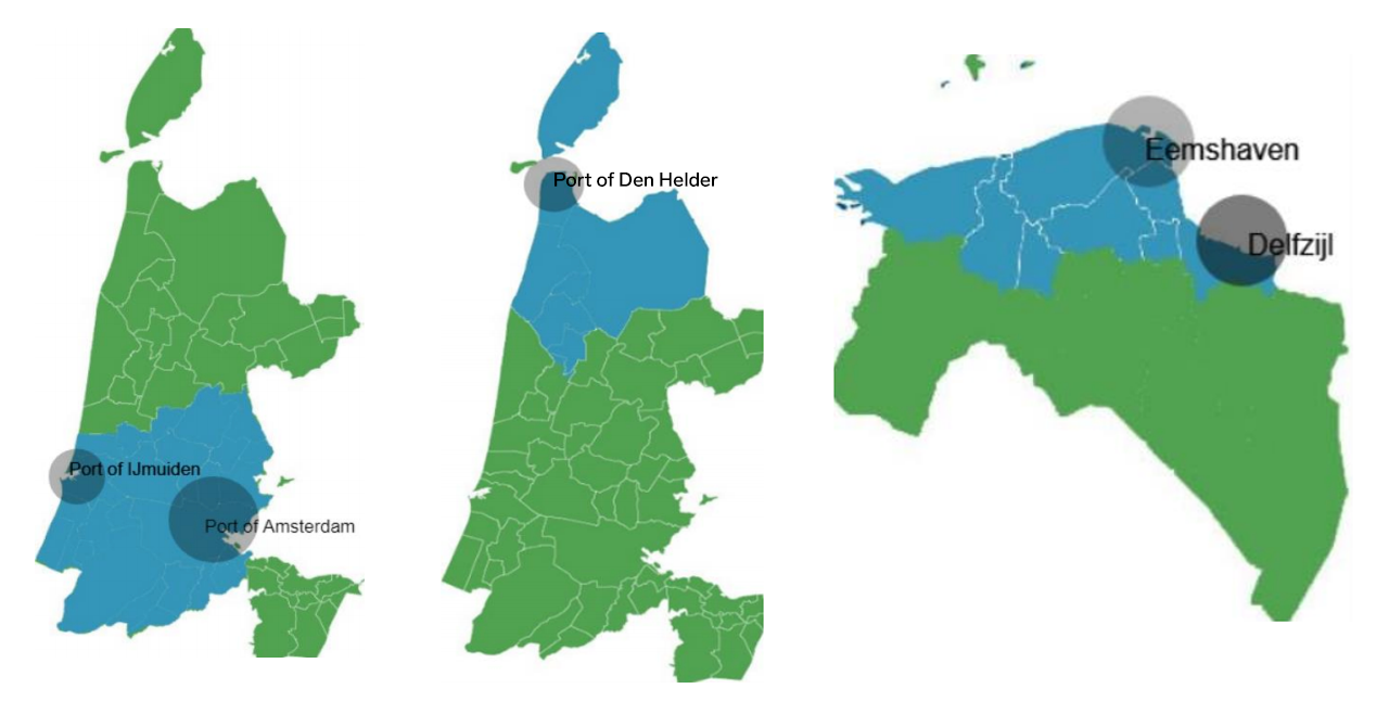 De 3 Noordelijke havenregio's zijn door hun ligging geschikt als energiehub, bron: TNO, Rijksuniversiteit Groningen, New Energy Coalition