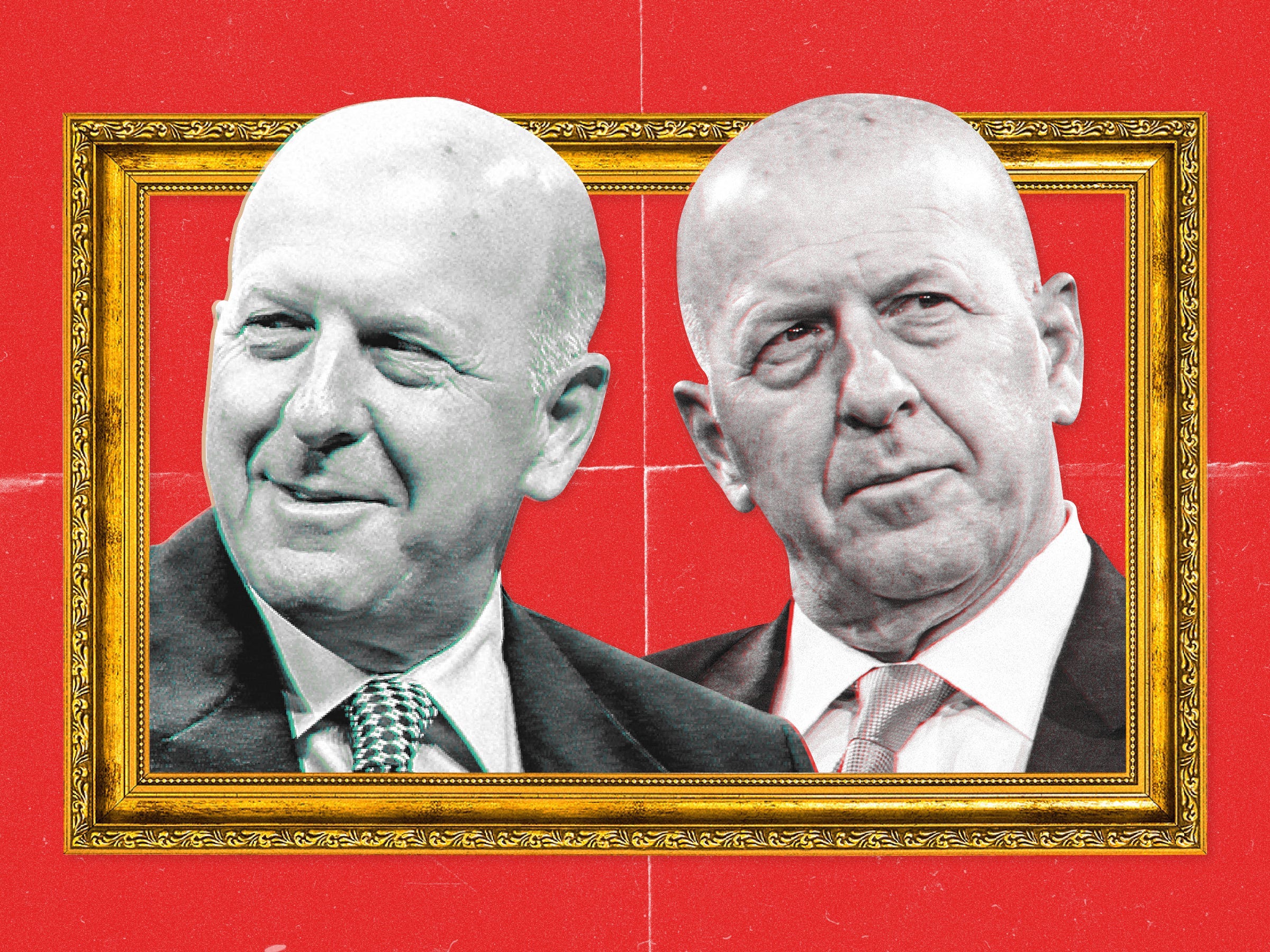 Two images of Goldman Sachs CEO David Solomon in a picture frame on a red background.