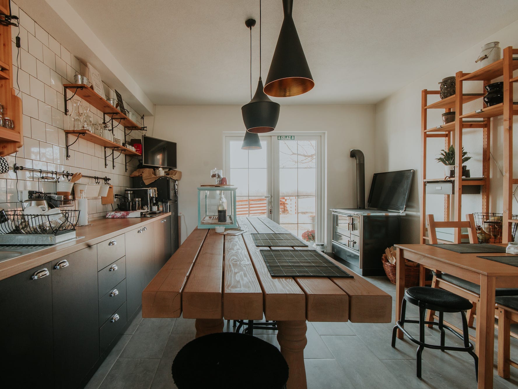 kitchen with brown shelves