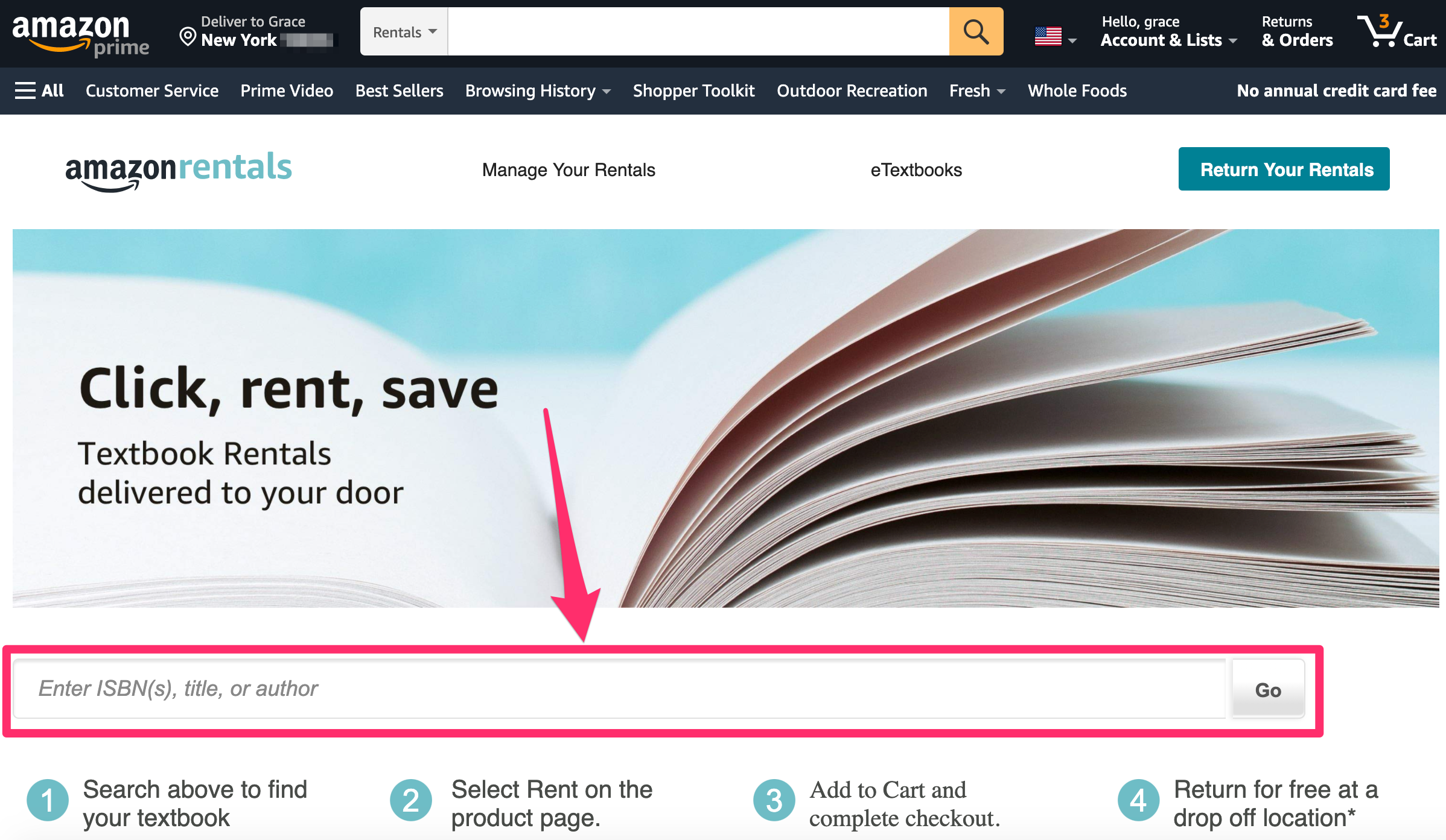 Amazon book rental homepage