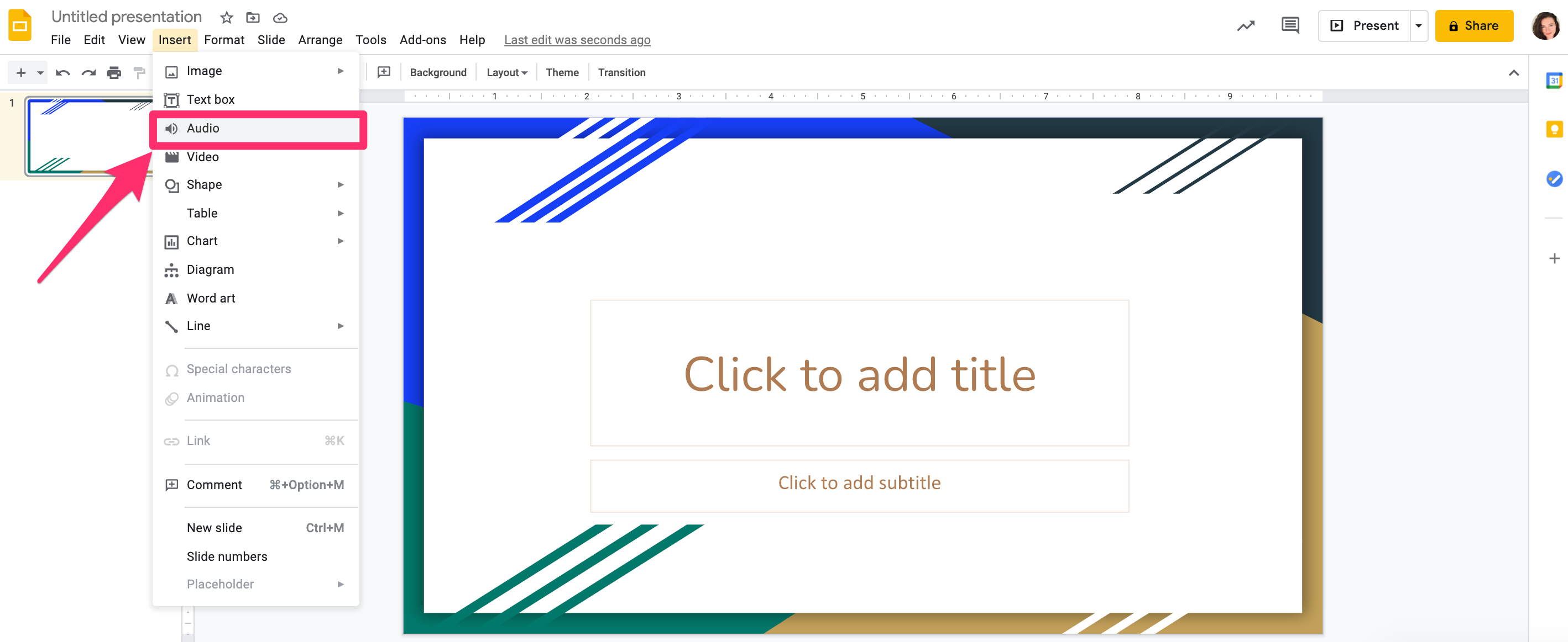 How to add audio to a Google Slides presentation from Google Drive or