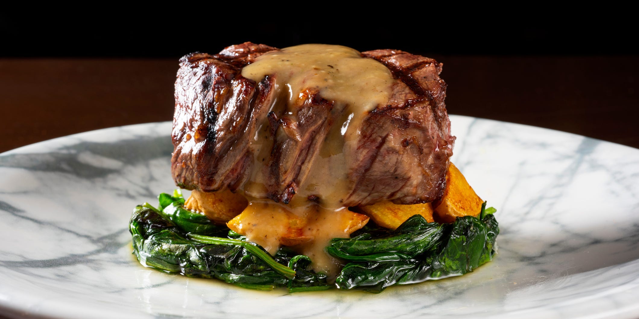 steak filet mignon spinach gourmet food dinner