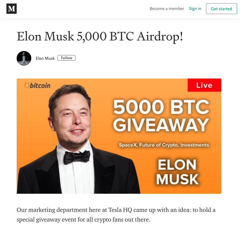 An Elon Musk bitcoin website screenshot