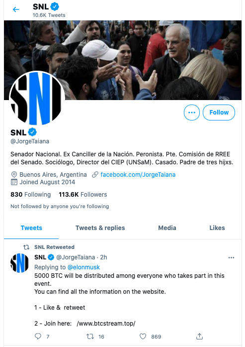 Senador Nacional Jorge Taiana SNL Spam Takeover Twitter Account