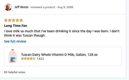 Jeff Bezos' review of milk on his public profile