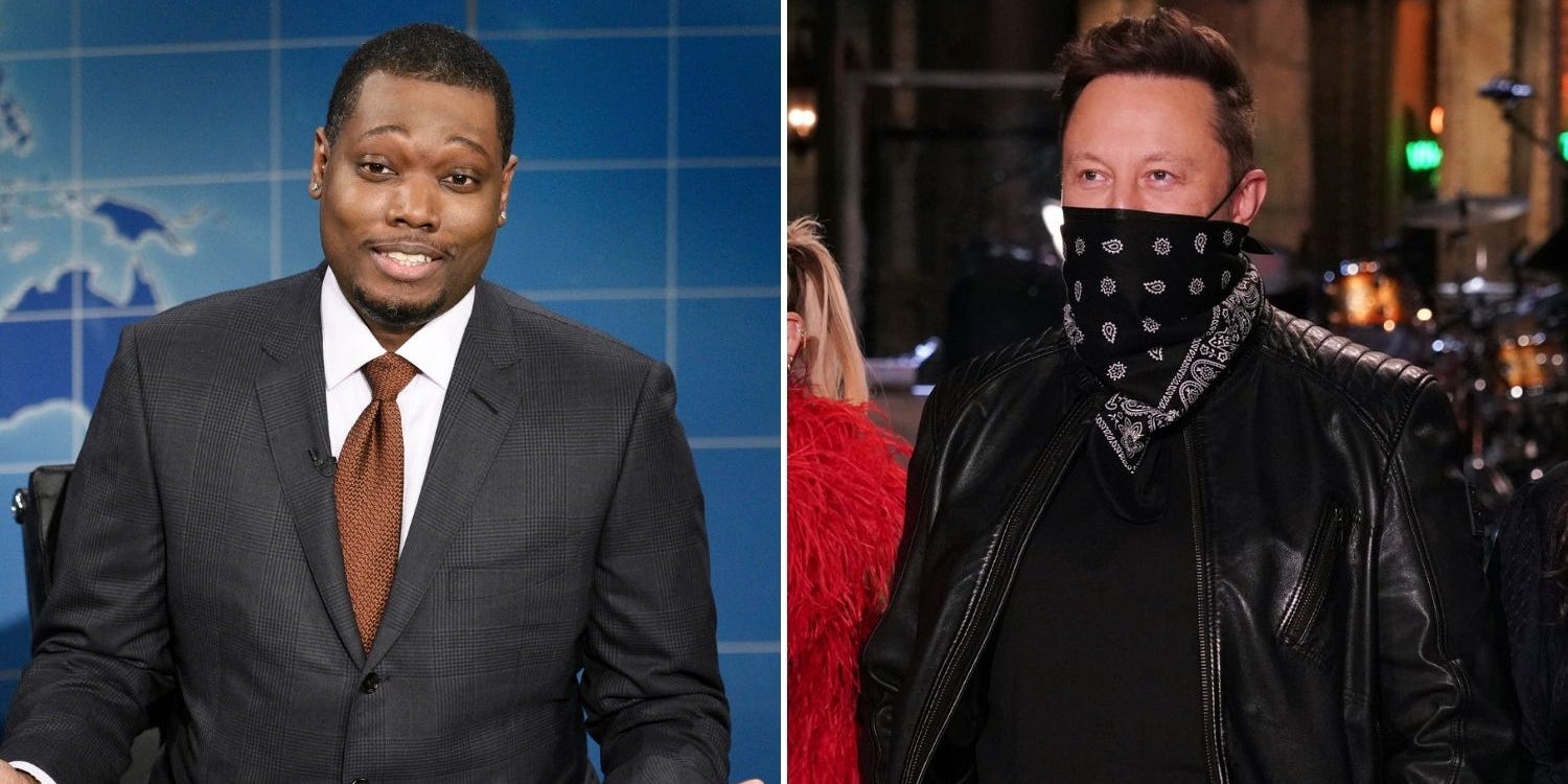 Comedian Michael Che on "Saturday Night Live" in October 2020; Elon Musk in the "SNL" studio.