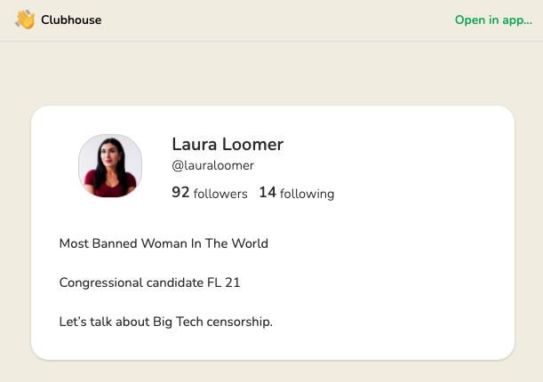 Laura Loomer Clubhouse Profile Screenshot