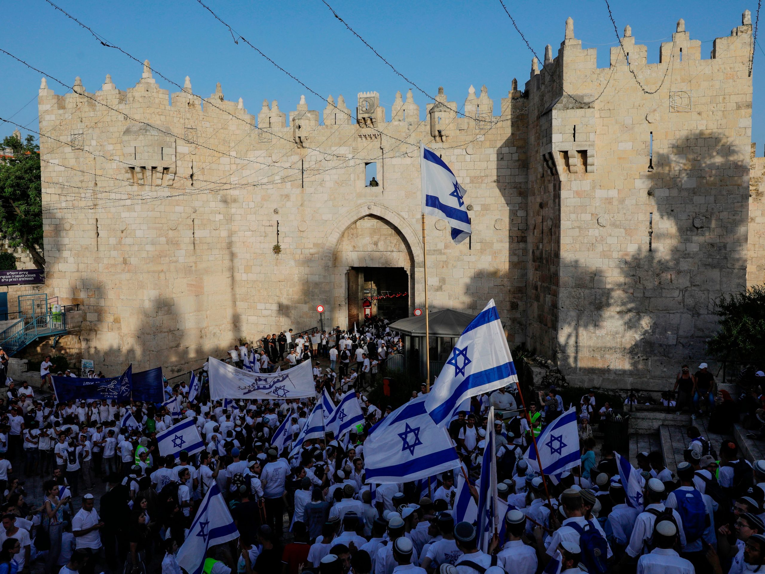 Israelis gather outside Damascus Gate on Jerusalem Day in 2019.