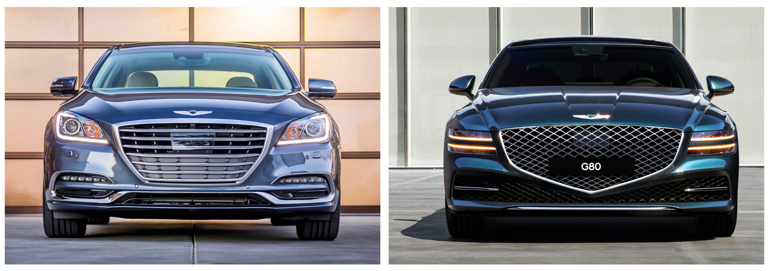 The Genesis G80 when it first debuted, with a rounder face, versus the Genesis G80 now, with sharp angles and a massive grille..