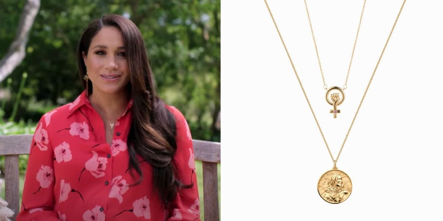 meghan markle sits outside during her speech for the vax live benefit concert; a necklace Meghan Markle wore during the speech