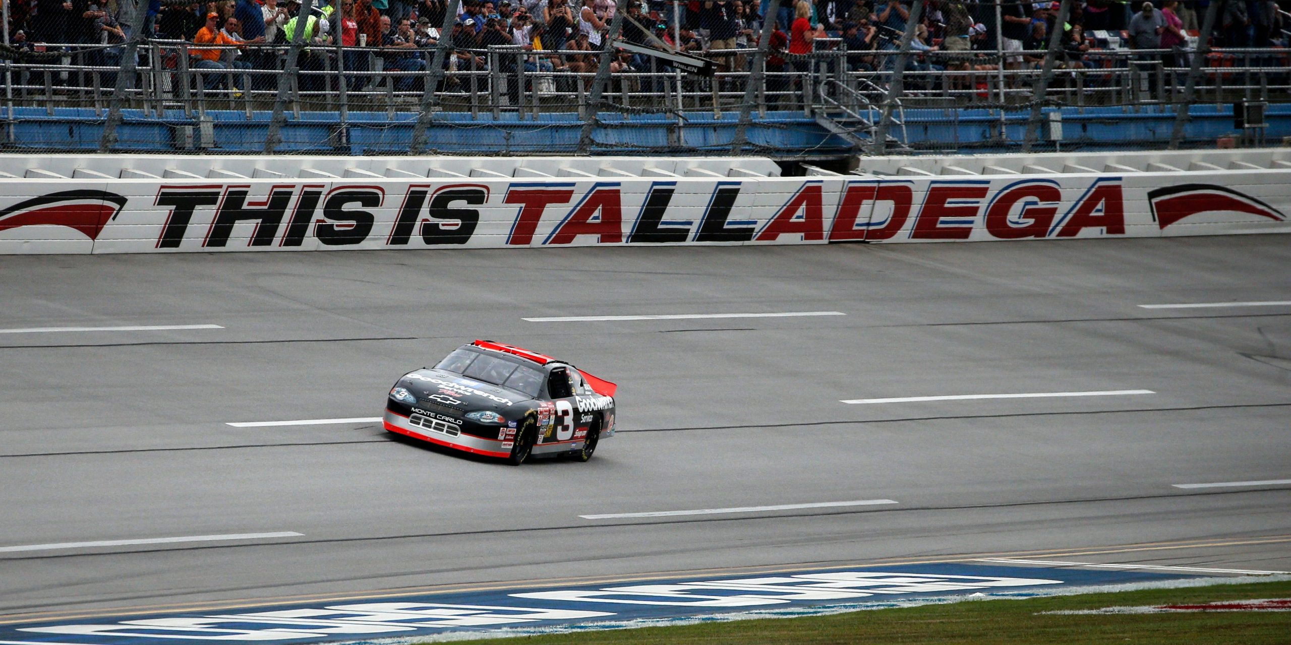 FILE - In this Oct. 13, 2019 file photo, the No. 3 car of the late NASCAR driver Dale Earnhardt Sr., driven by Richard Childress, takes a lap before a NASCAR Cup Series auto race at Talladega Superspeedway in Talladega, Ala. NASCAR's return to racing next shifts to Talladega Superspeedway in Alabama, with a new rules package altered after Ryan Newman's frightful crash in the season-opening Daytona 500. (AP Photo/Butch Dill)