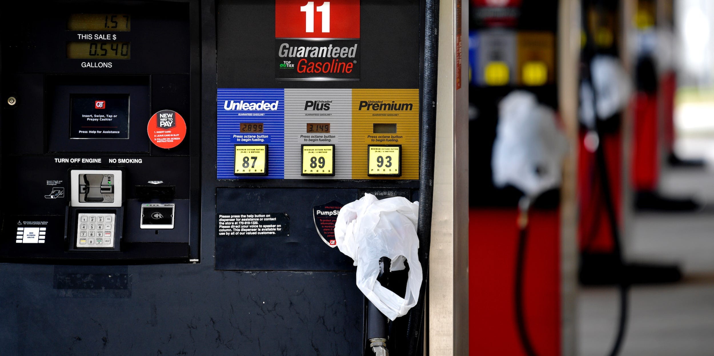 A QuickTrip connivence store has bags on their pumps as the station has no gas, Tuesday, May 11, 2021, in Kennesaw, Ga. Colonial Pipeline, which delivers about 45% of the fuel consumed on the East Coast, halted operations last week after revealing a cyberattack that it said had affected some of its systems.