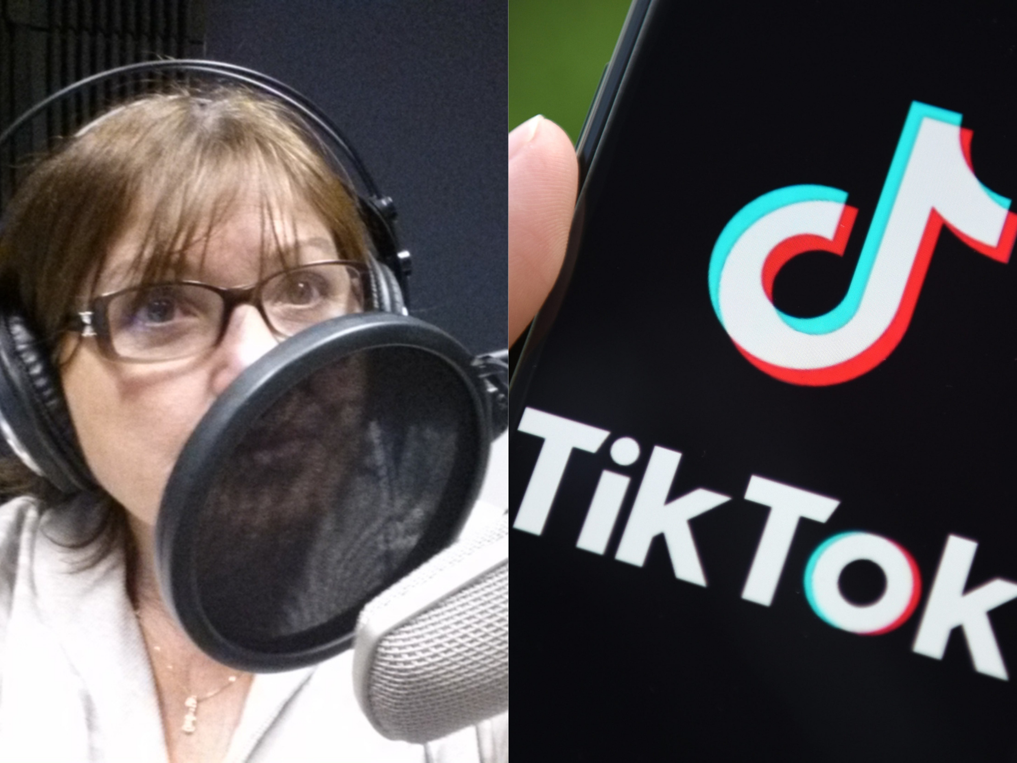 voice actor beverly standing and tiktok logo