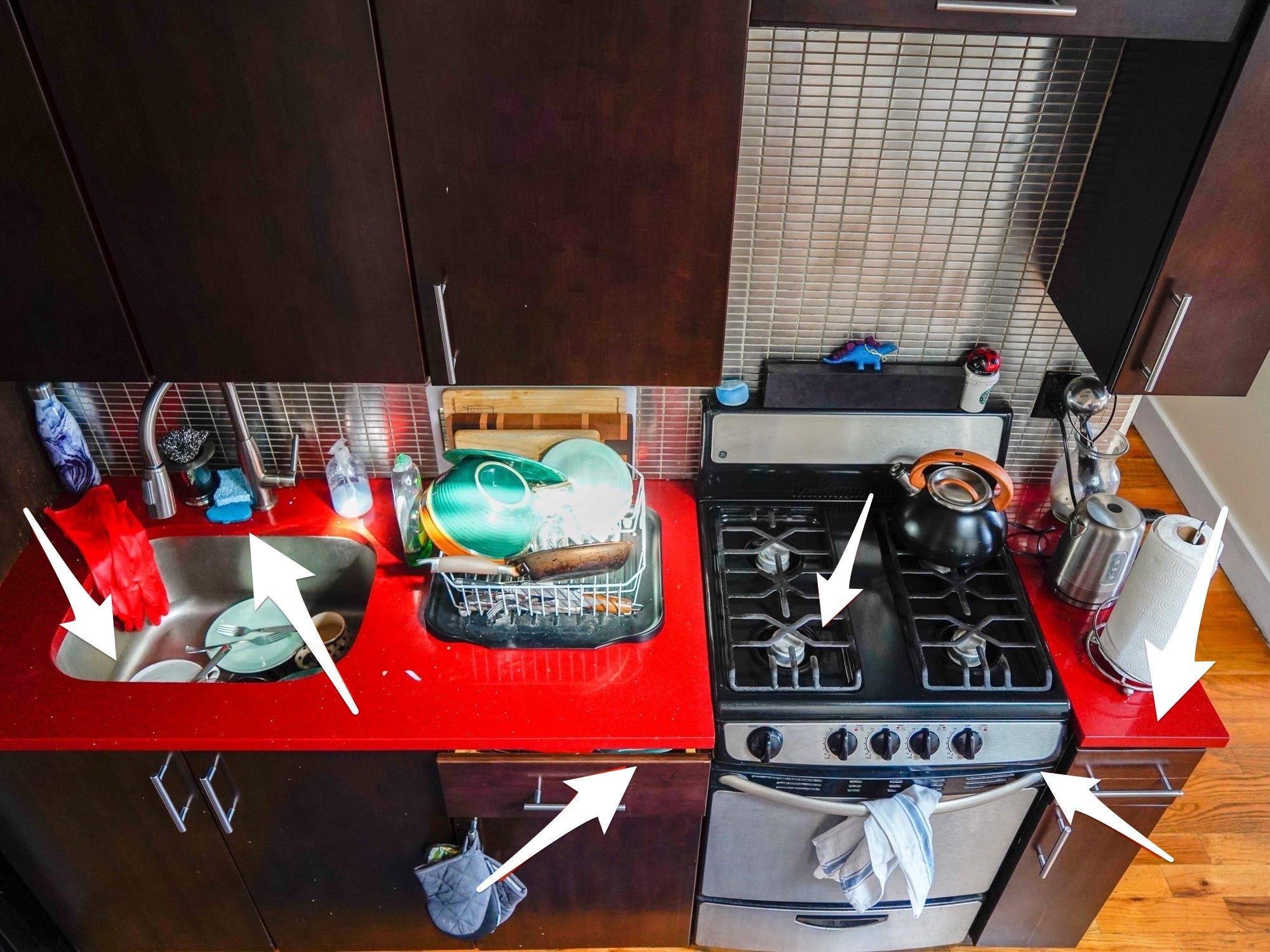 kitchen with arrows pointing to areas that should be cleaned