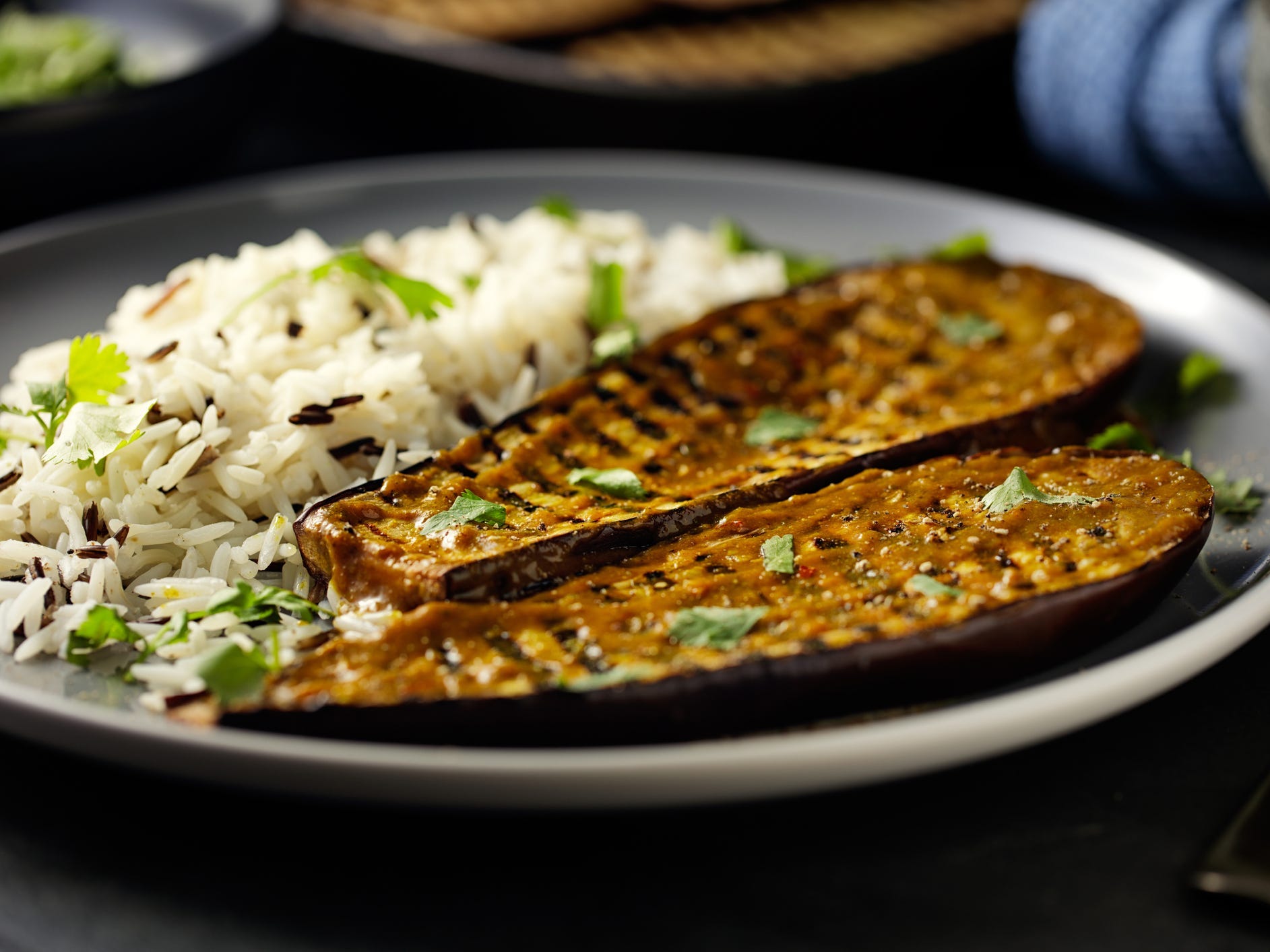 Grilled eggplant with a side of rice