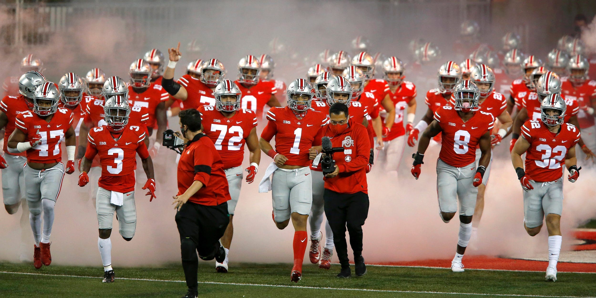 Ohio State Buckeyes enter the field before a game against the Rutgers Scarlet Knights at Ohio Stadium in Columbus, Ohio, on November 7, 2020.