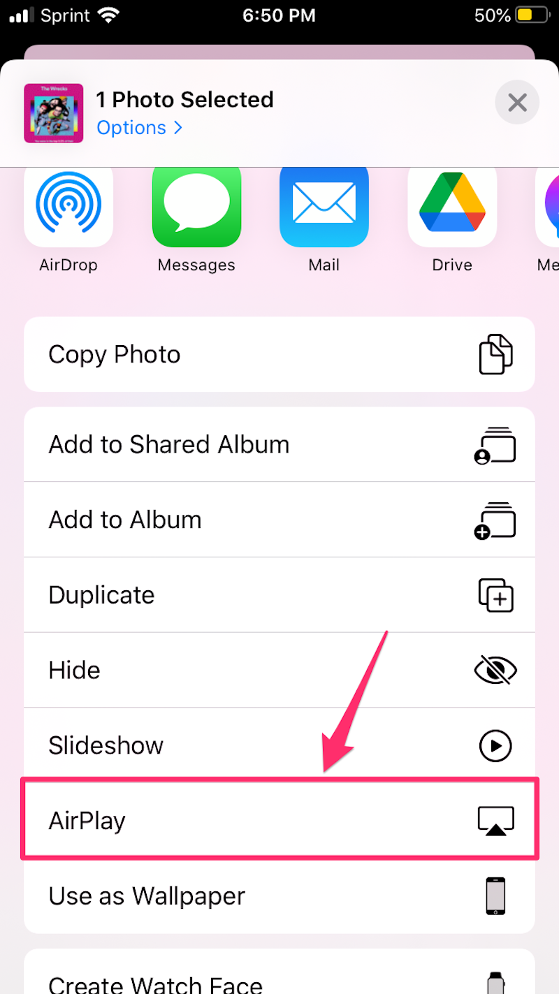 Share menu from Photos app iPhone, tap AirPlay