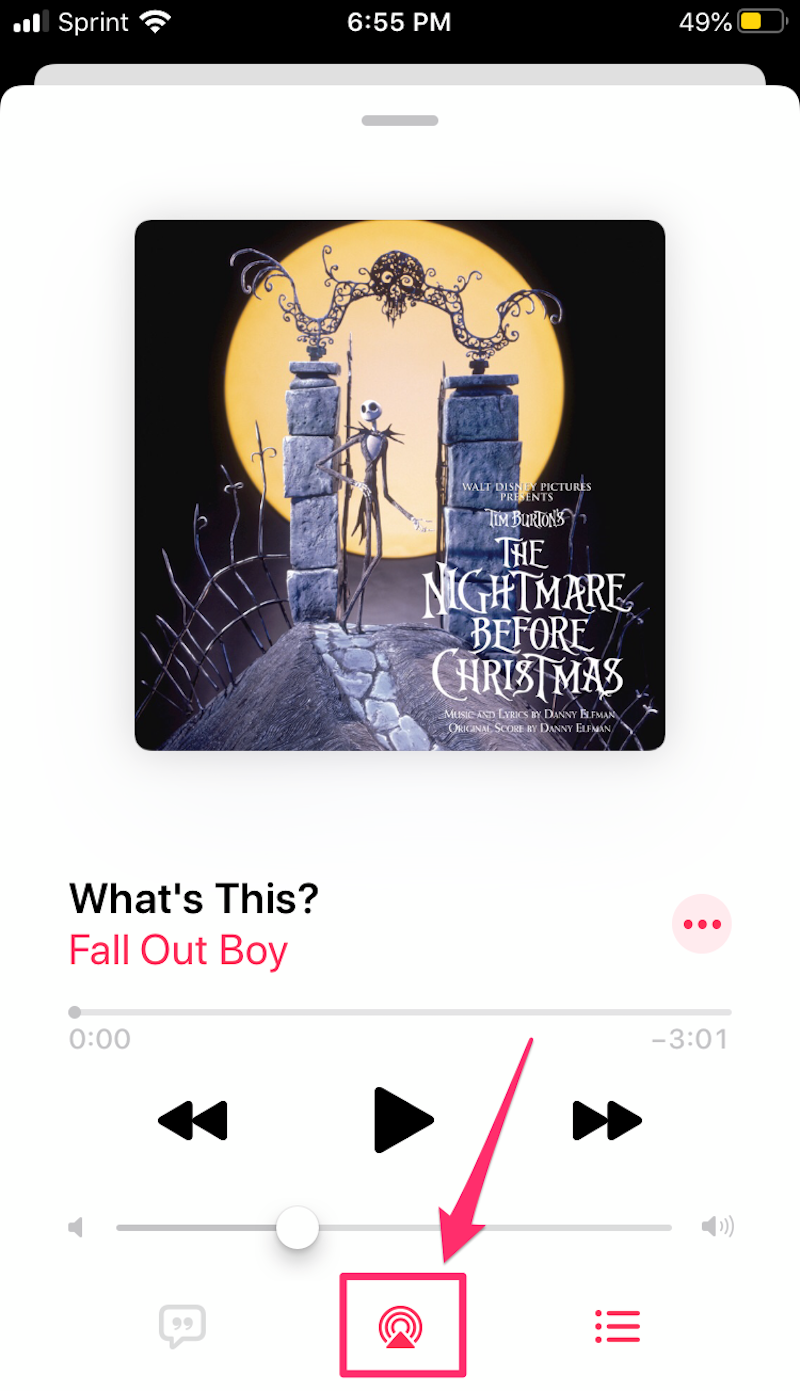 Apple music app tap AirPlay button at bottom