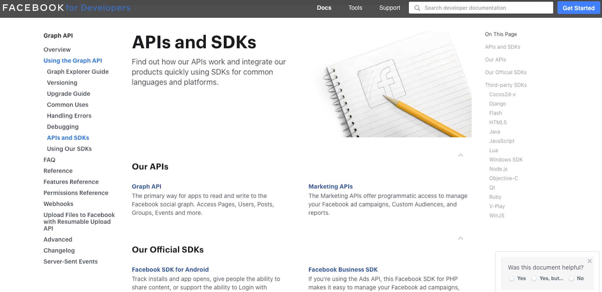 Facebook for Developers API page