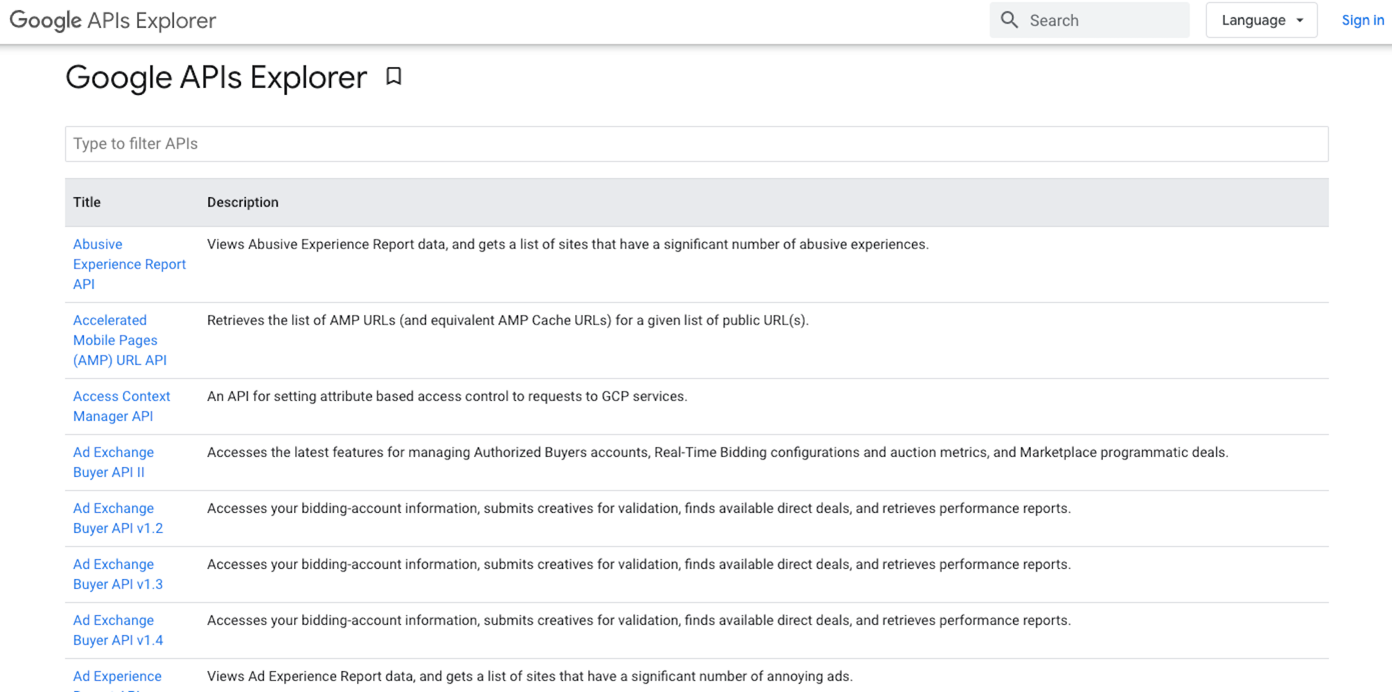 Google API Explorer page