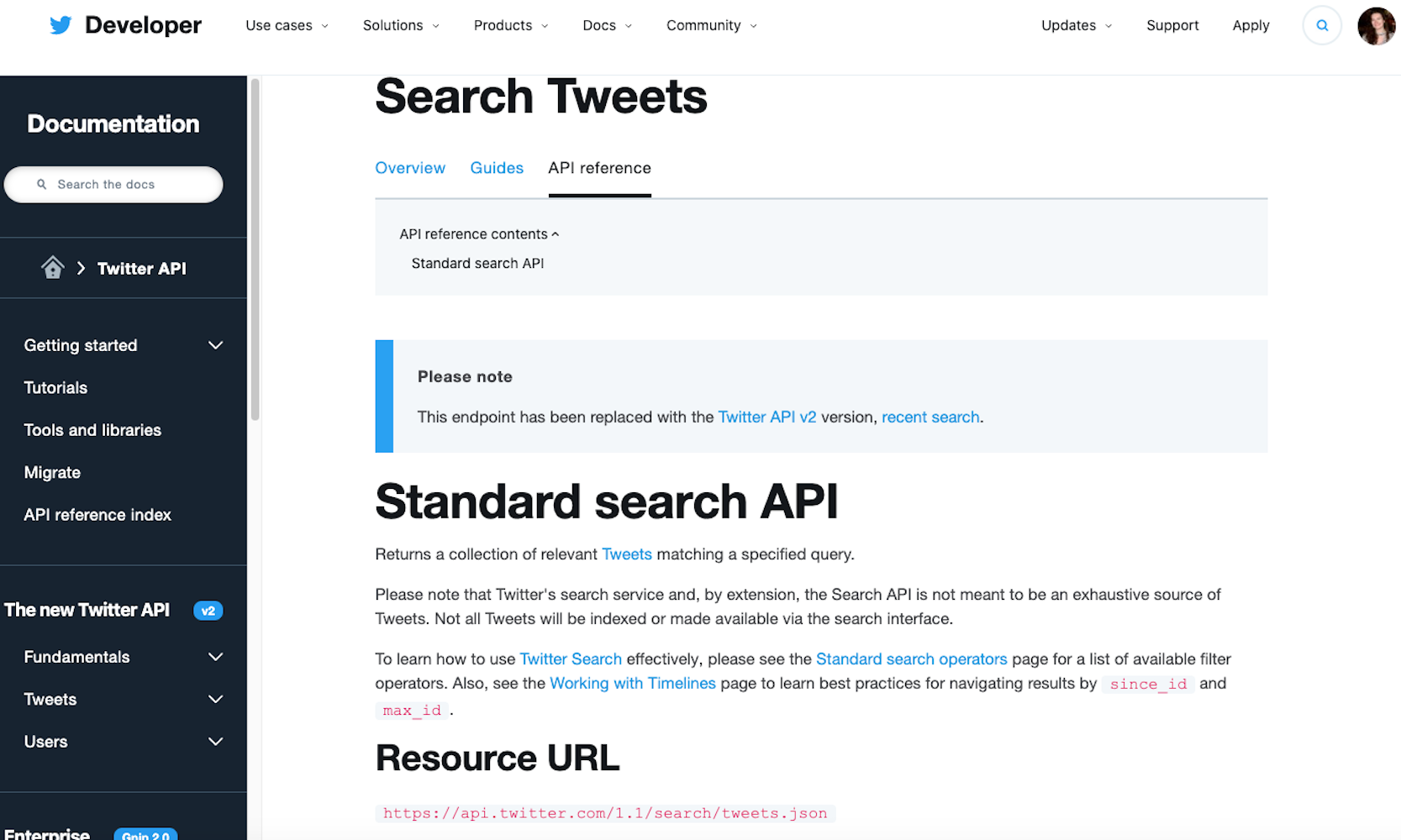 Twitter API homepage