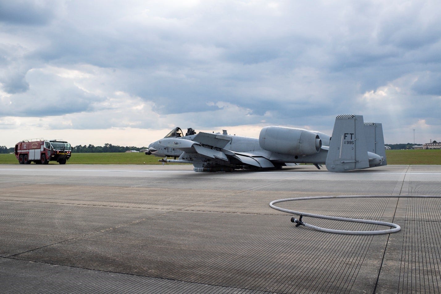 An A-10C Thunderbolt II sits on the runway after making an emergency landing April 7, 2020 at Moody Air Force Base, Georgia