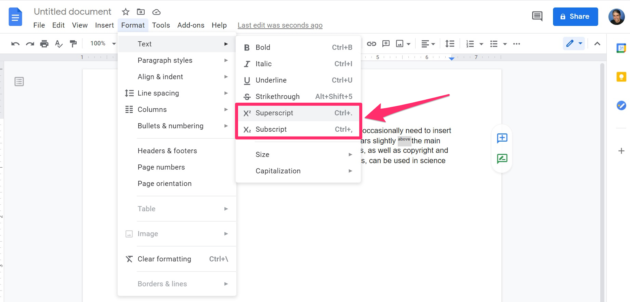 Google Docs superscript and subscript drop-down