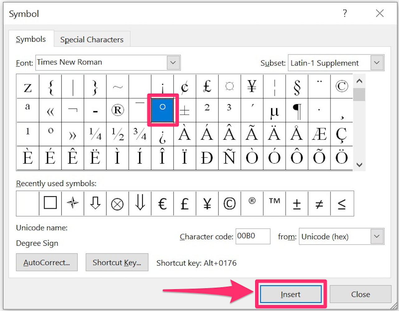 how to insert degree symbol in word