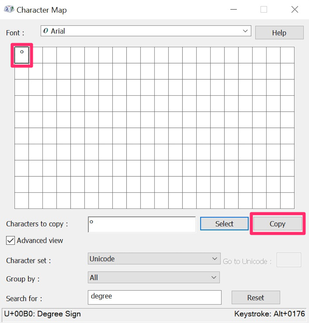 Character Map in Windows, degree symbol selected