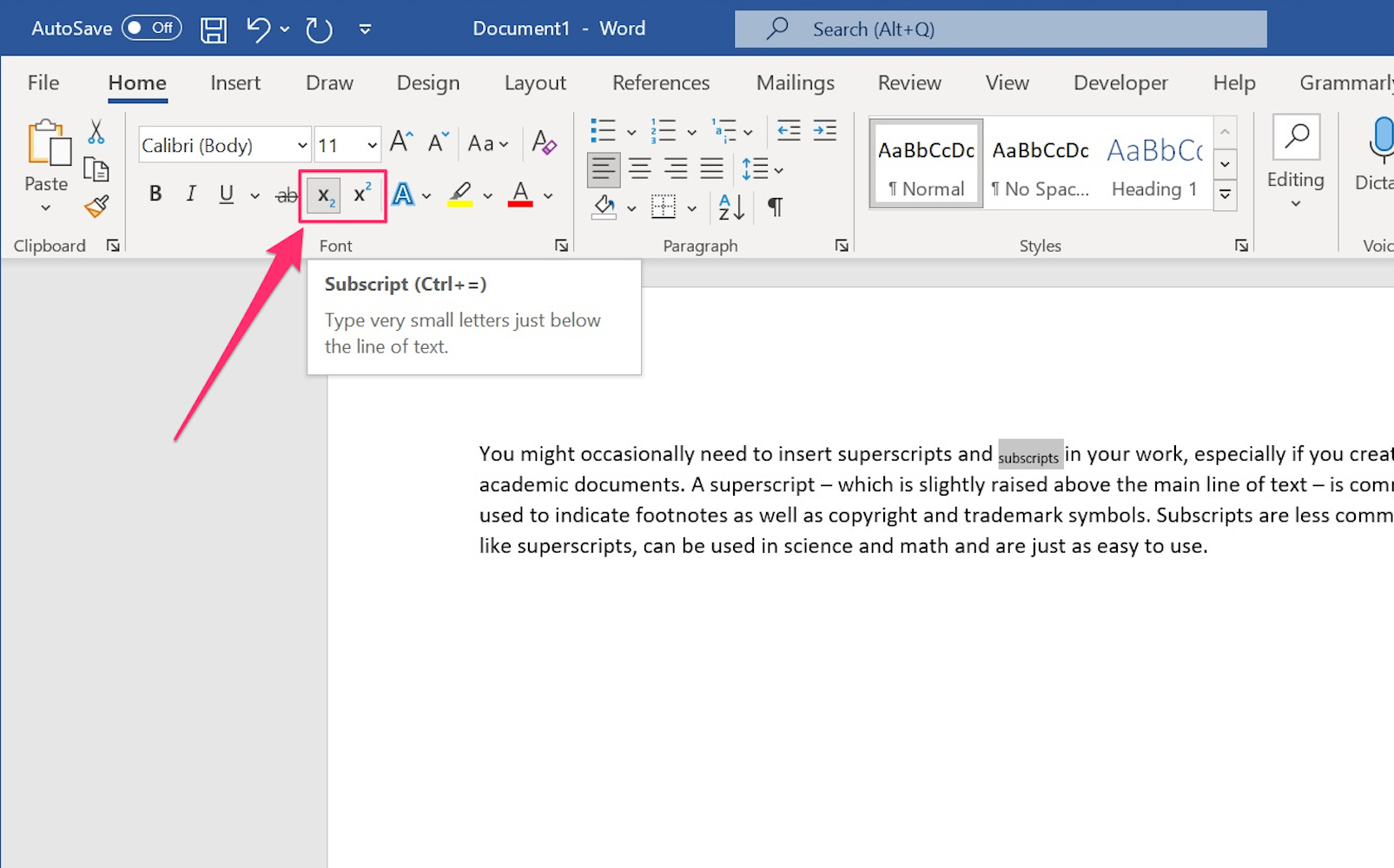 keyboard shortcut for subscript in word