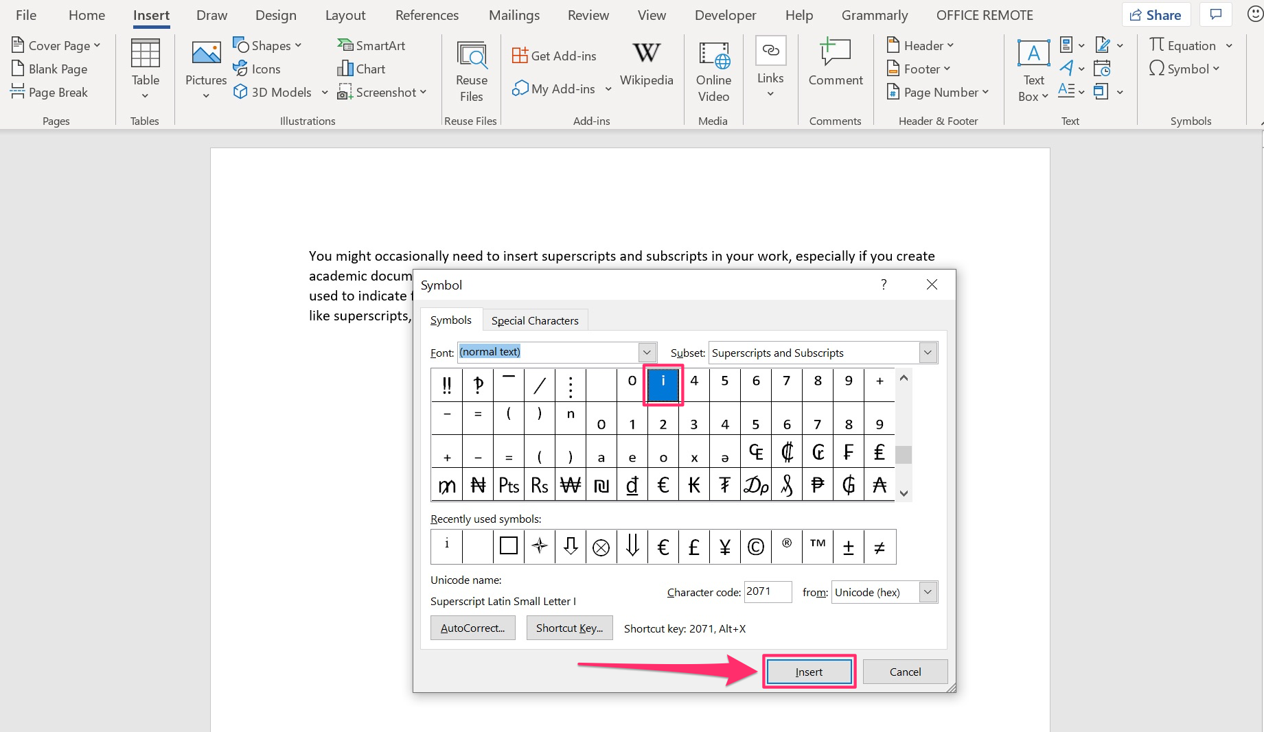 Microsoft Word Insert Symbol