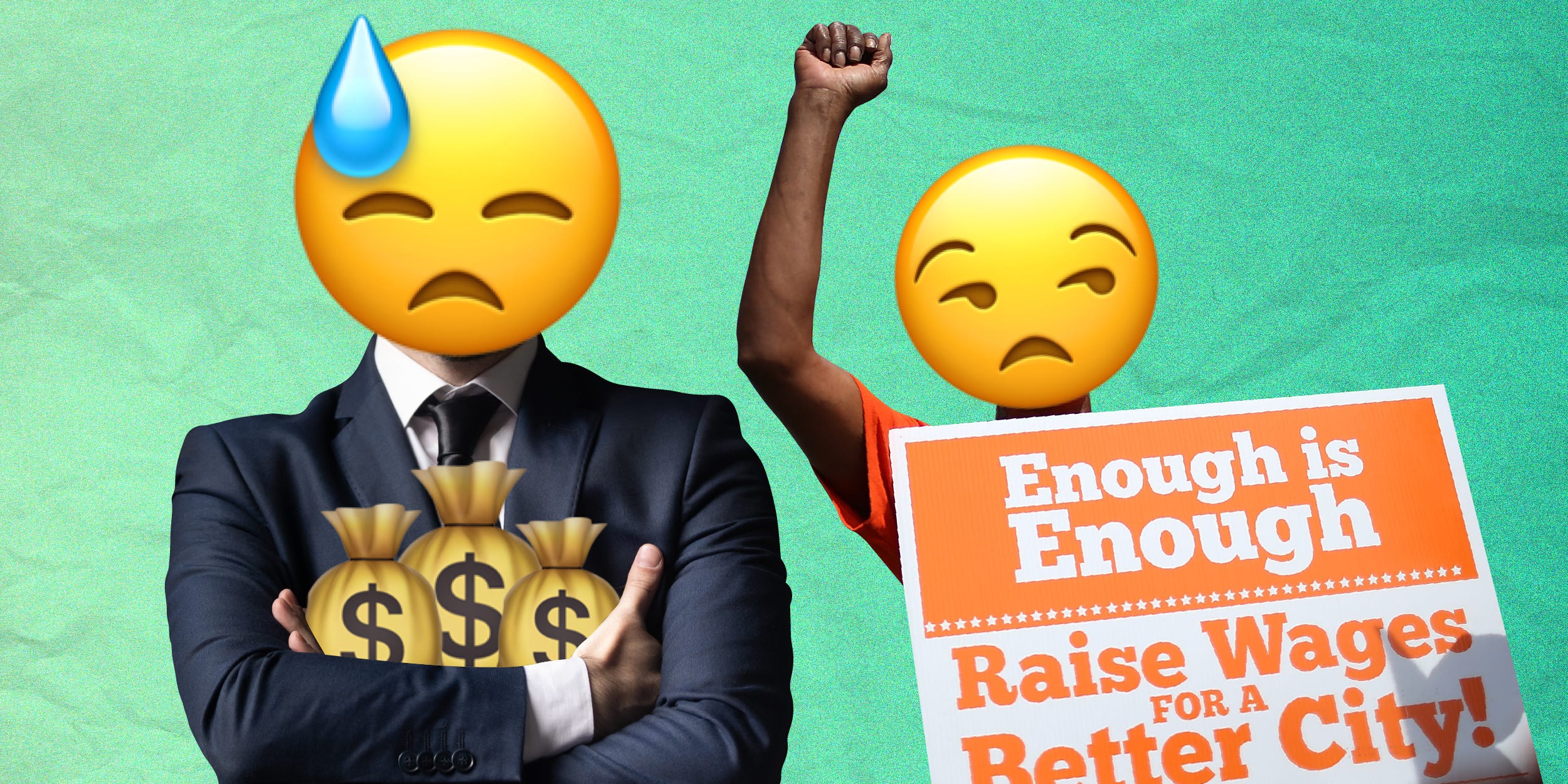 Business owner with a sad emoji face for a head holding bags of money with a protesting supporting higher wages with an annoyed face emoji as a head on a green background.