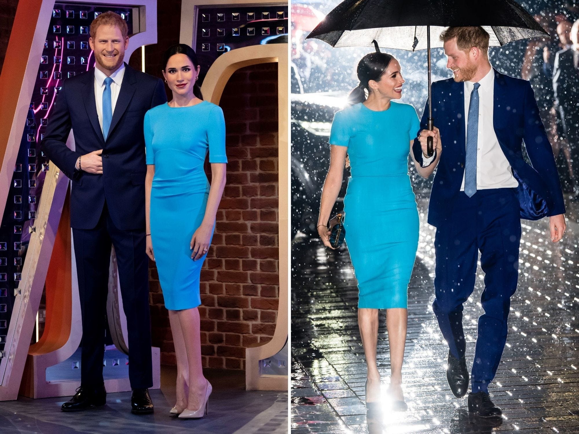 Prince Harry and Meghan Markle's wax figures at Madame Tussauds London (left) and the couple in March 2020 (right) in a now-famous photo taken by Samir Hussein.